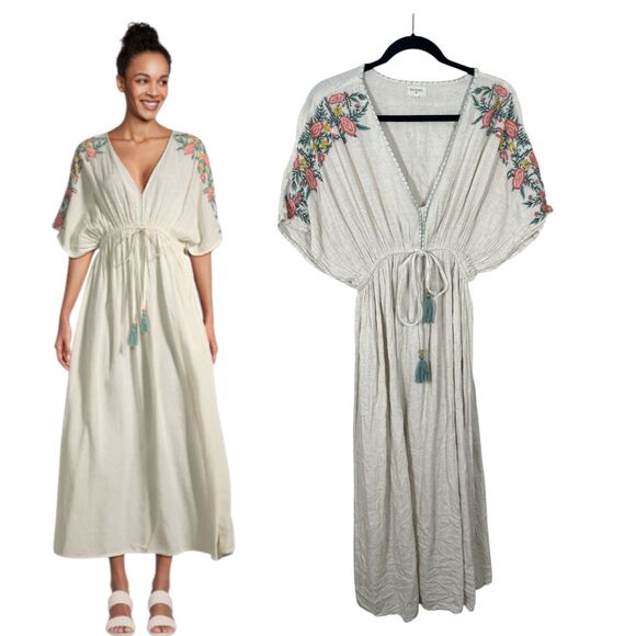 World Market Mira Ivory Floral Embroidered Kaftan Dress Flowy Boho Small Medium - Picture 1 of 8